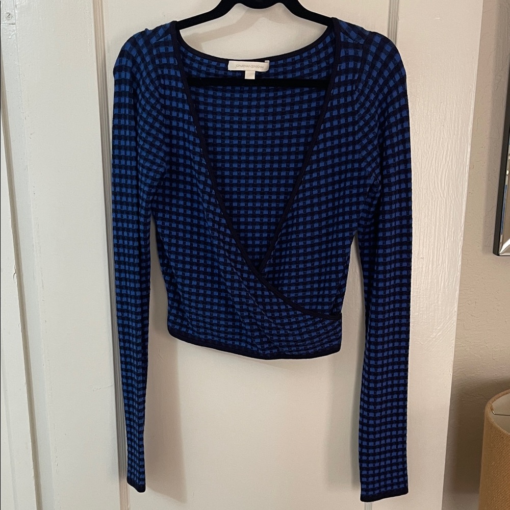 Jonathan Simkhai Navy Checkered wrap sweater